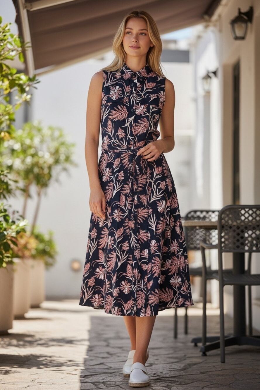 Banana Republic Factory Sleeveless Shirt Dress Women's 0 Navy Floral Belted Midi